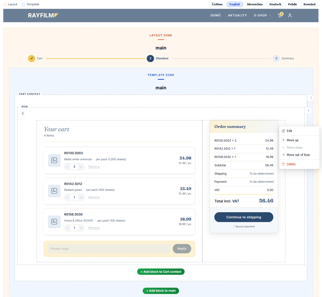 The checkout page in the CMS editor. The site header comes from the layout. An orange Layout zone holds the template's three-step progress bar (cart, checkout, summary), and inside it a blue Template zone holds a cart context block with the cart on the left and the order summary on the right. A menu is open next to the order summary with the options Edit, Move up, Move down, Move out of Row and Delete.